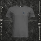 Asphalt Deepwater Crew Co. Forged of Salt crewneck T-shirt, front view with small blue-outlined DC compass-and-wave crest logo.