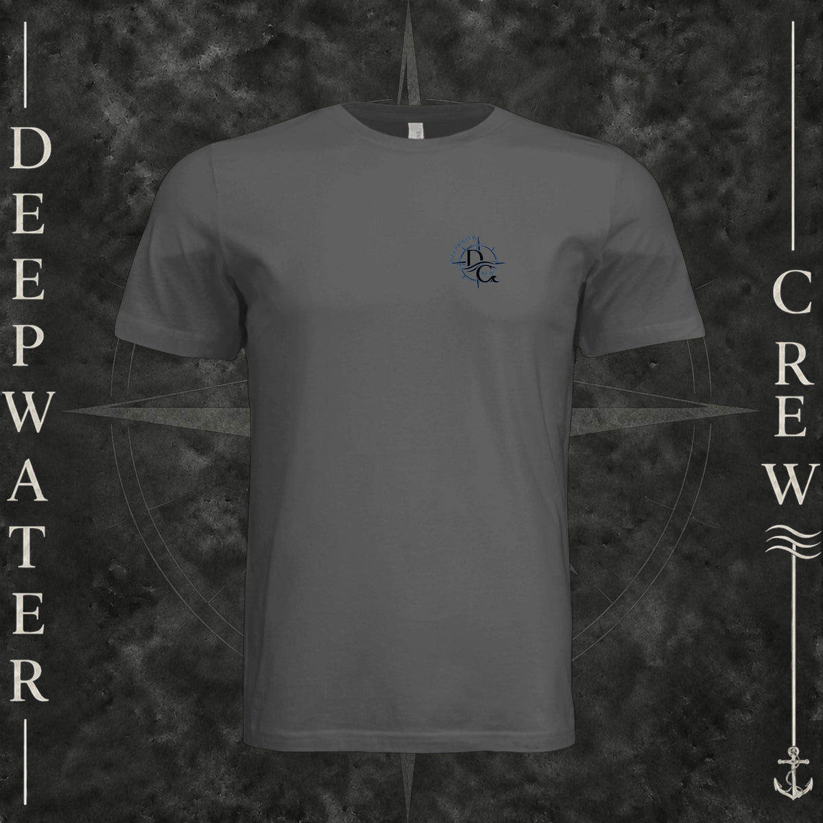 Asphalt Deepwater Crew Co. Forged of Salt crewneck T-shirt, front view with small blue-outlined DC compass-and-wave crest logo.
