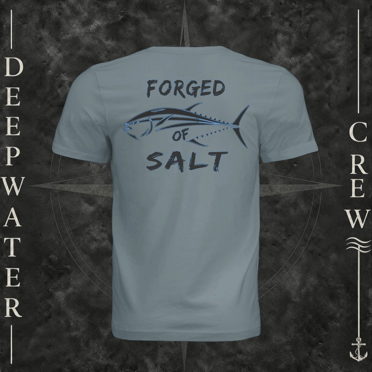 Blue Storm Deepwater Crew Co. Forged of Salt crewneck T-shirt, back view with stylized tuna graphic, blue accents, and “Forged of Salt” lettering.