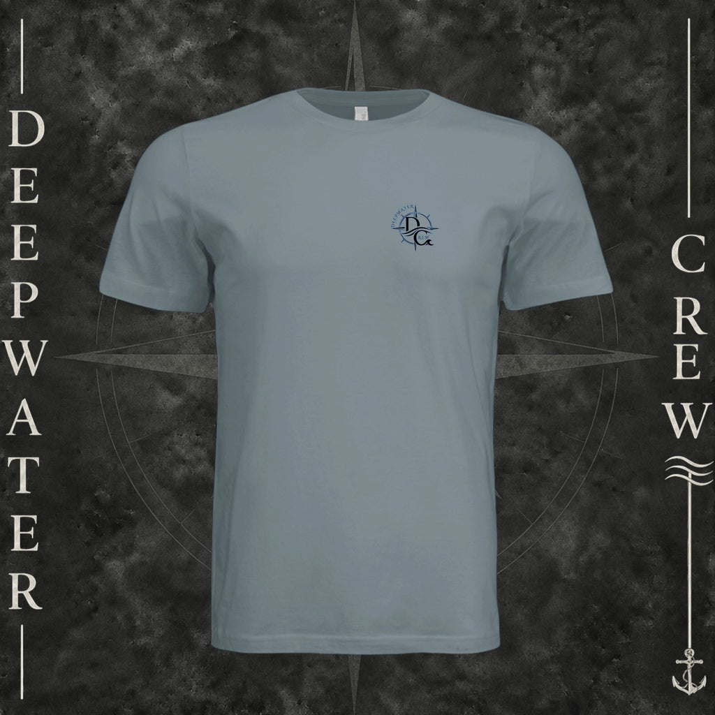 Blue Storm Deepwater Crew Co. Forged of Salt crewneck T-shirt, front view with small blue-outlined DC compass-and-wave crest logo.