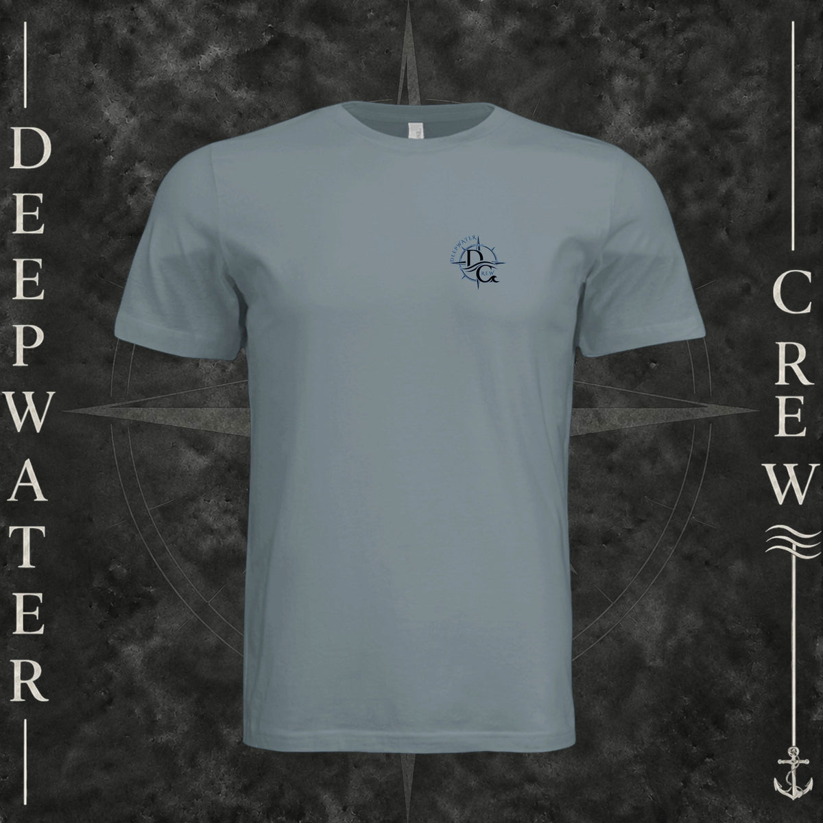 Blue Storm Deepwater Crew Co. Forged of Salt crewneck T-shirt, front view with small blue-outlined DC compass-and-wave crest logo.