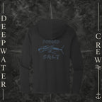 Black Deepwater Crew Co. Forged of Salt Deck Hoodie, back view with stylized tuna graphic, blue accents, and Forged of Salt lettering.