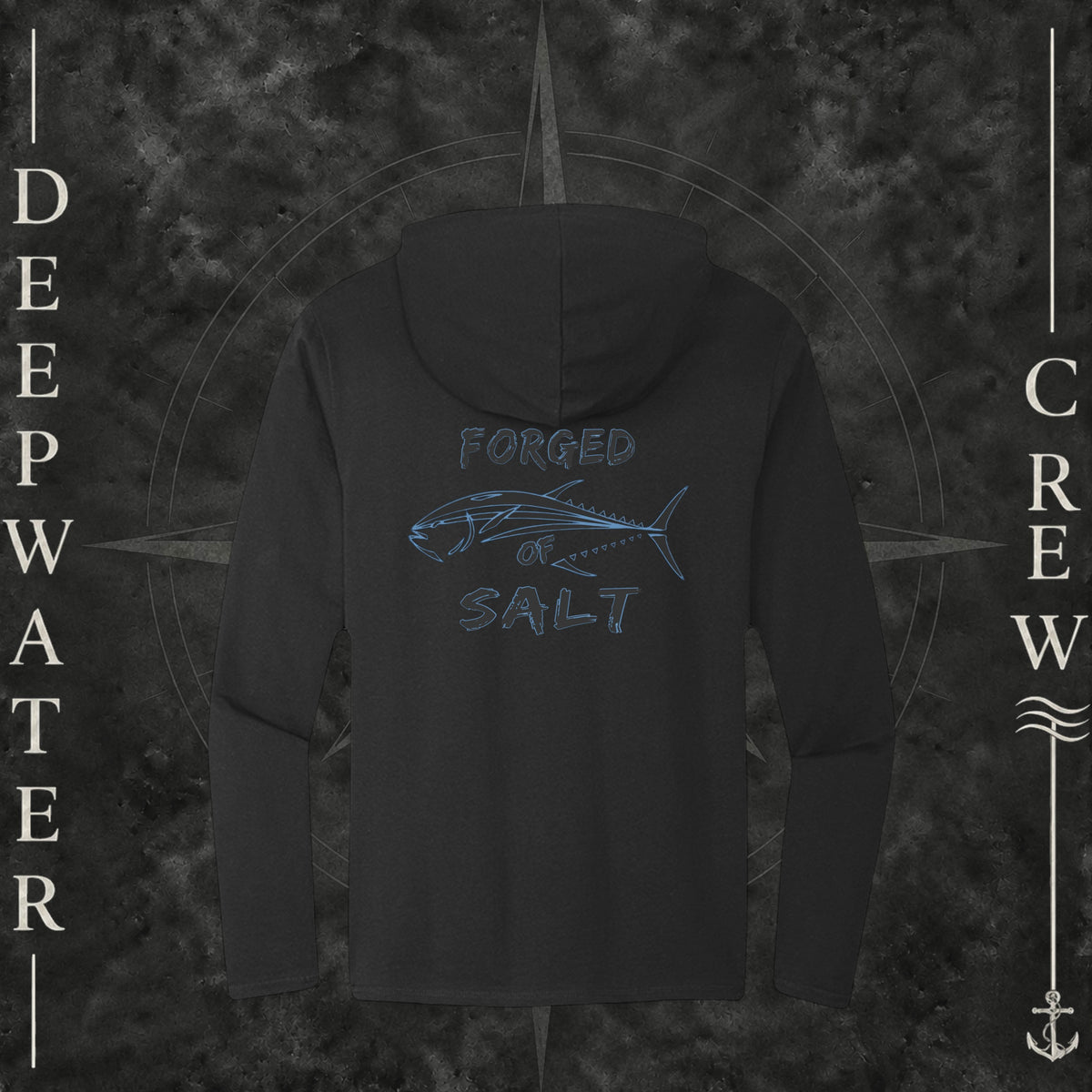 Black Deepwater Crew Co. Forged of Salt Deck Hoodie, back view with stylized tuna graphic, blue accents, and Forged of Salt lettering.