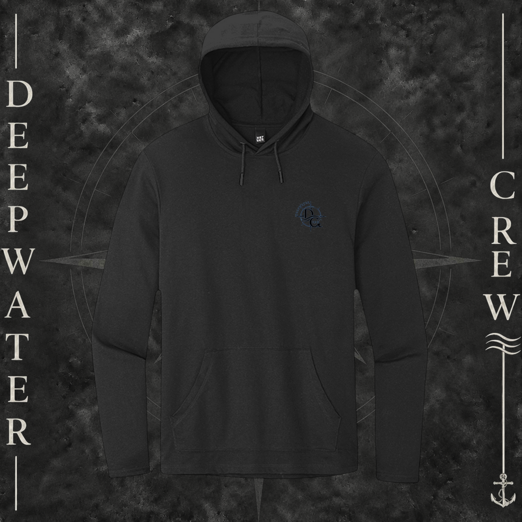 Black Deepwater Crew Co. Forged of Salt Deck Hoodie, front view with small blue-outlined DC compass-and-wave crest logo.