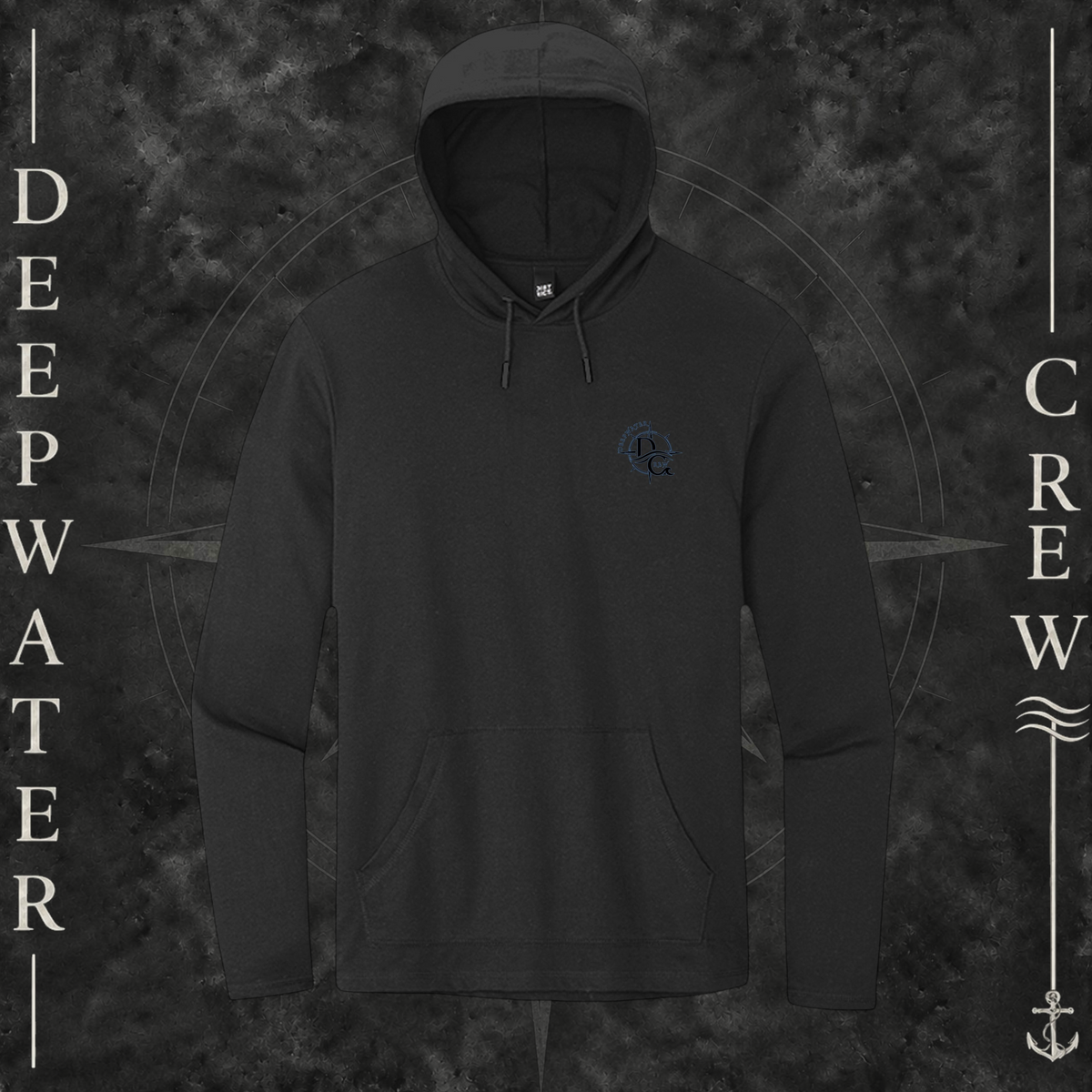 Black Deepwater Crew Co. Forged of Salt Deck Hoodie, front view with small blue-outlined DC compass-and-wave crest logo.