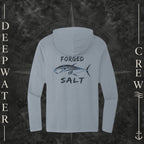 Flint Blue Heather Deepwater Crew Co. Forged of Salt Deck Hoodie, back view with stylized tuna graphic, blue accents, and Forged of Salt lettering.