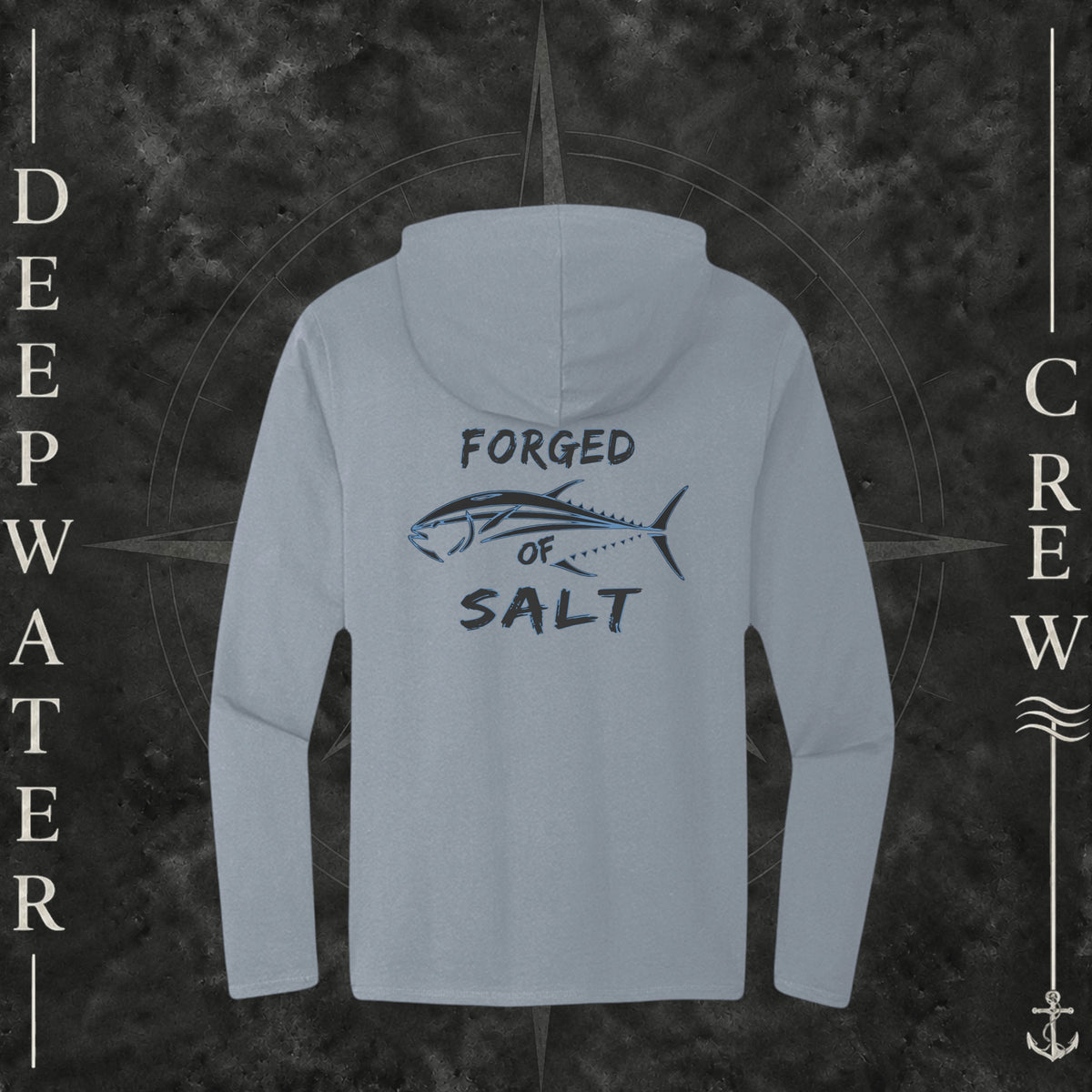 Flint Blue Heather Deepwater Crew Co. Forged of Salt Deck Hoodie, back view with stylized tuna graphic, blue accents, and Forged of Salt lettering.