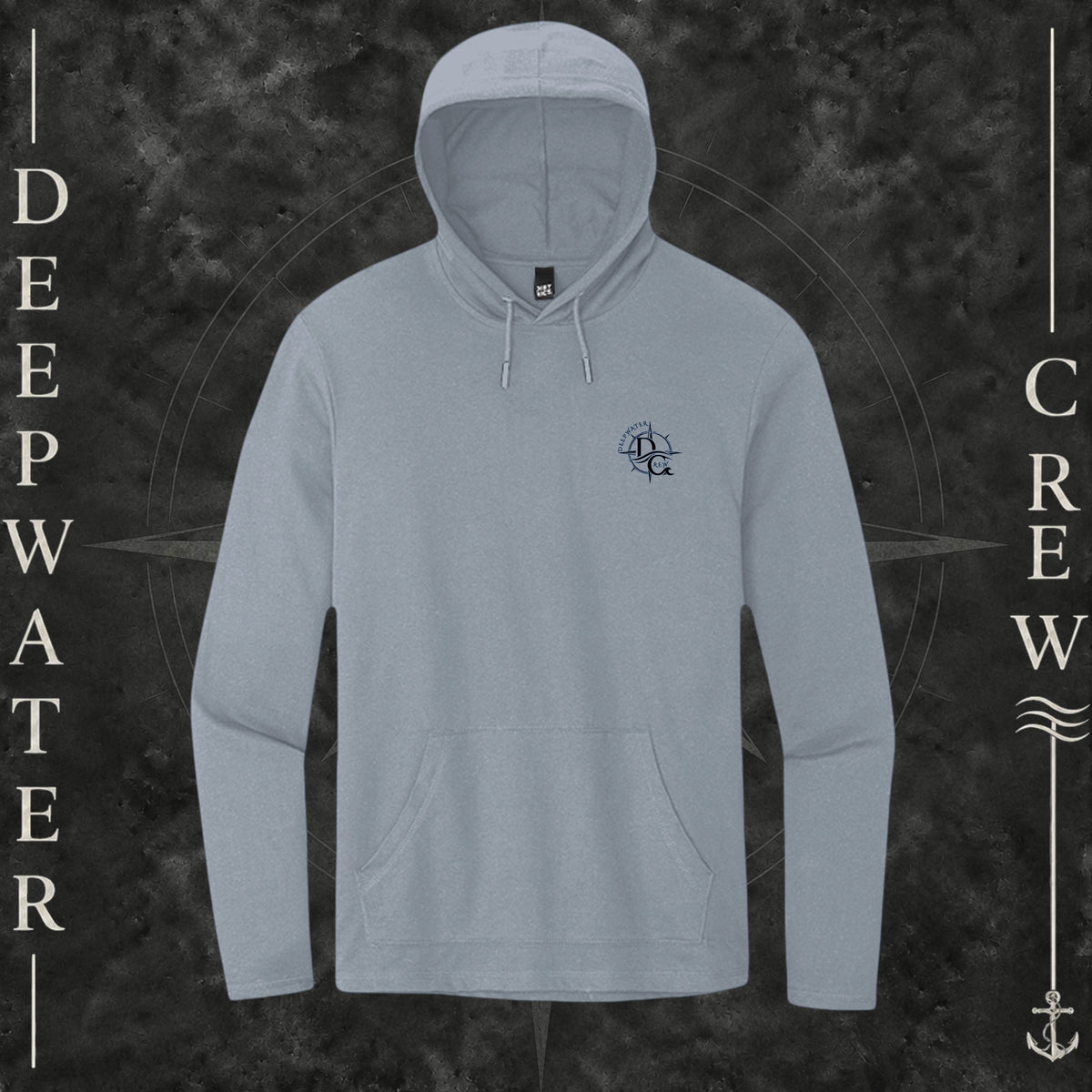 Flint Blue Heather Deepwater Crew Co. Forged of Salt Deck Hoodie, front view with small blue-outlined DC compass-and-wave crest logo.