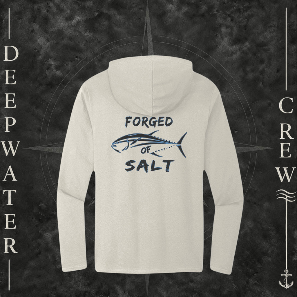 Gardenia Deepwater Crew Co. Forged of Salt Deck Hoodie, back view with stylized tuna graphic, blue accents, and Forged of Salt lettering.