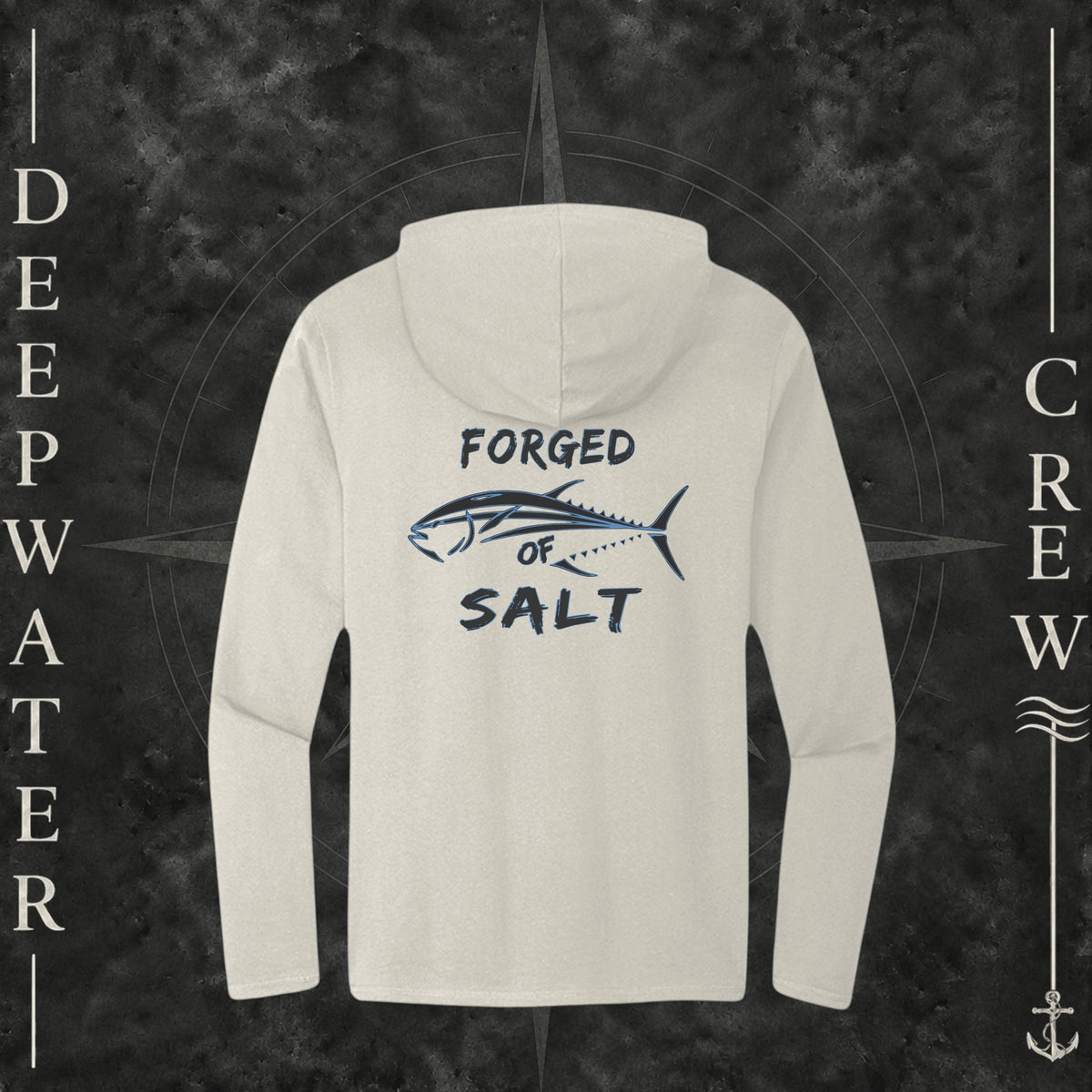 Gardenia Deepwater Crew Co. Forged of Salt Deck Hoodie, back view with stylized tuna graphic, blue accents, and Forged of Salt lettering.