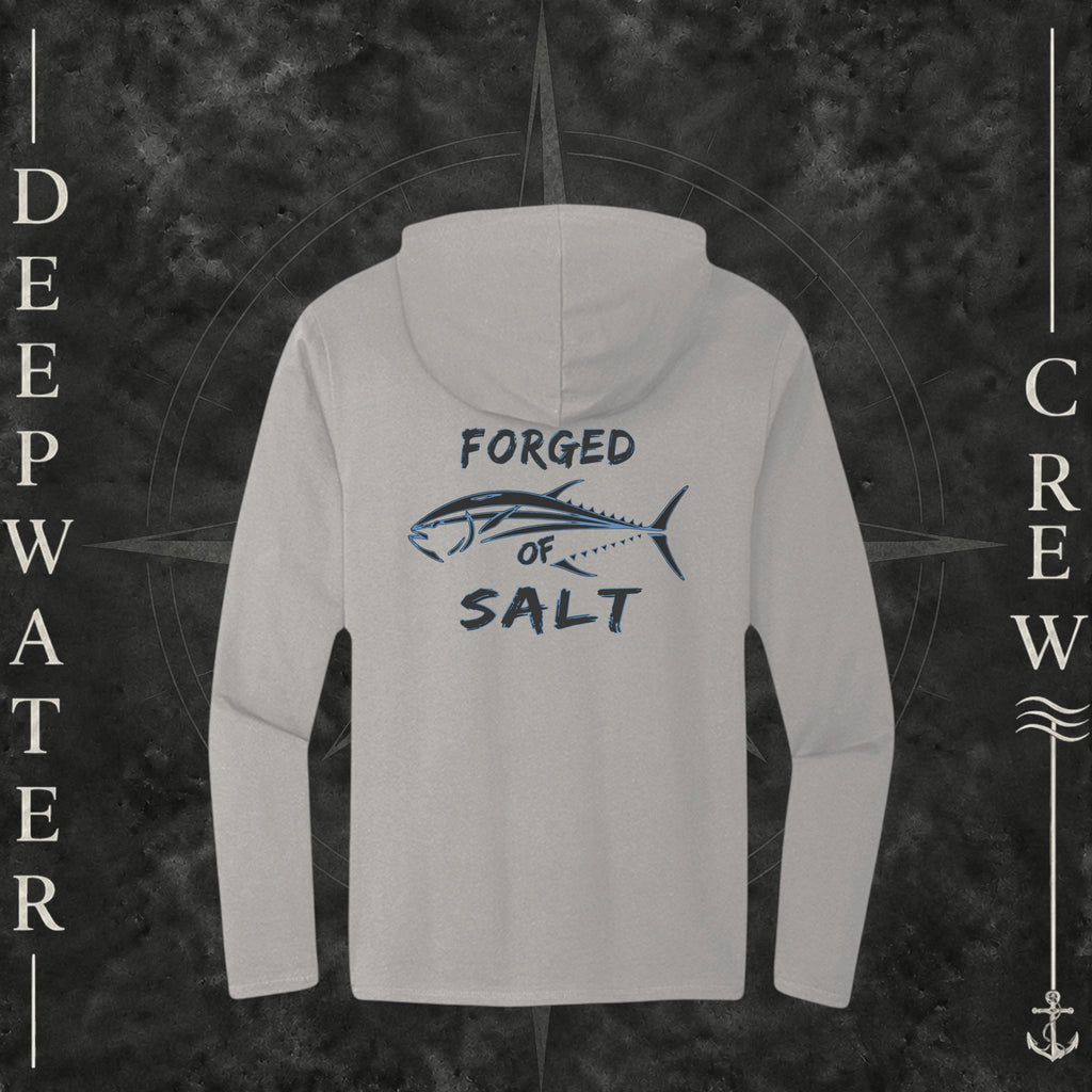 Light Heather Grey Deepwater Crew Co. Forged of Salt Deck Hoodie, back view with stylized tuna graphic, blue accents, and Forged of Salt lettering.