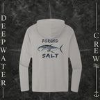 Light Heather Grey Deepwater Crew Co. Forged of Salt Deck Hoodie, back view with stylized tuna graphic, blue accents, and Forged of Salt lettering.