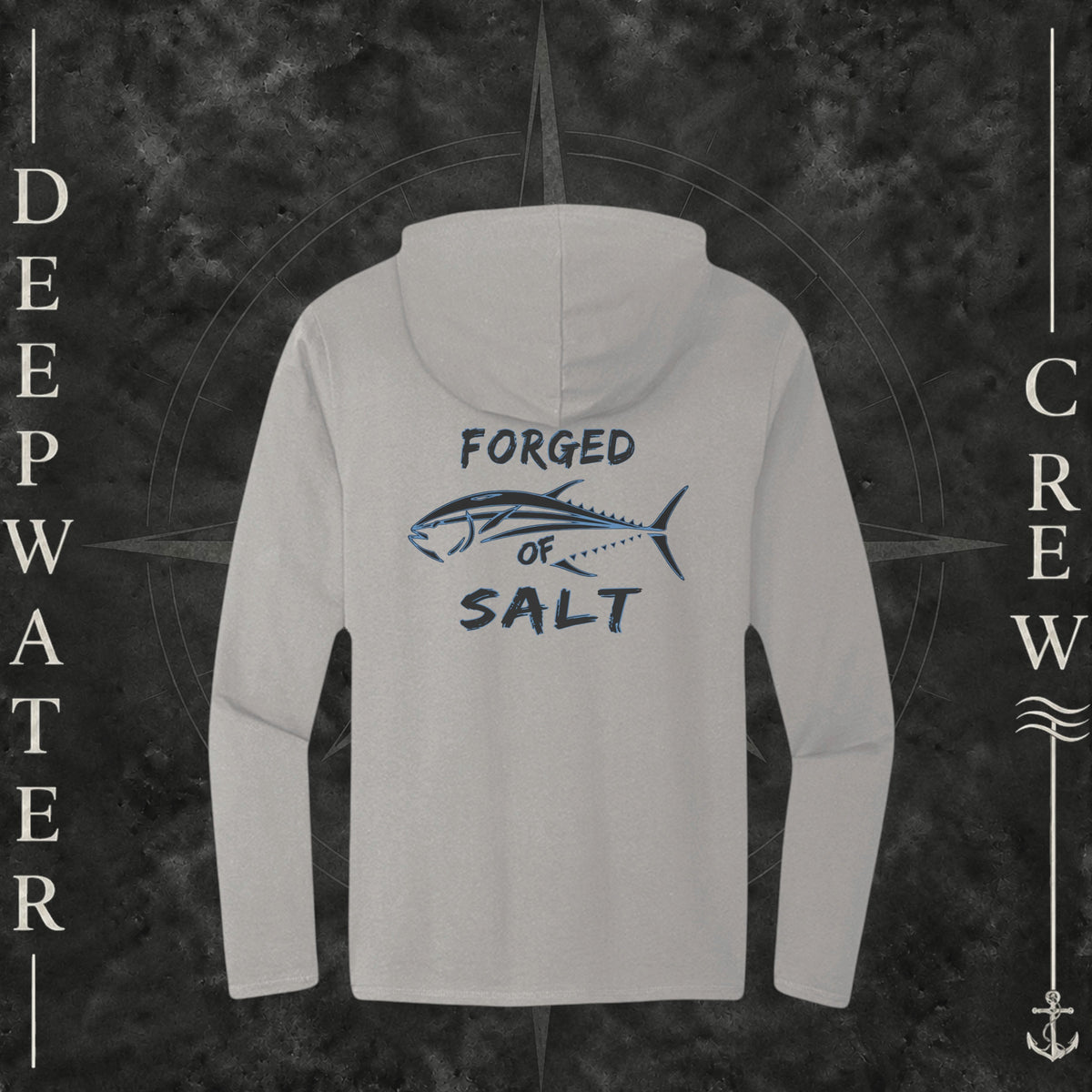 Light Heather Grey Deepwater Crew Co. Forged of Salt Deck Hoodie, back view with stylized tuna graphic, blue accents, and Forged of Salt lettering.