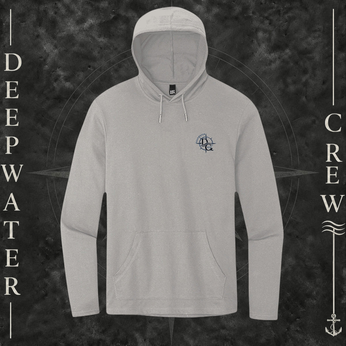 Light Heather Grey Deepwater Crew Co. Forged of Salt Deck Hoodie, front view with small blue-outlined DC compass-and-wave crest logo.