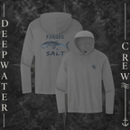 Light Heather Grey Deepwater Crew Co. Forged of Salt Deck Hoodie, product view on branded Deepwater Crew compass background.