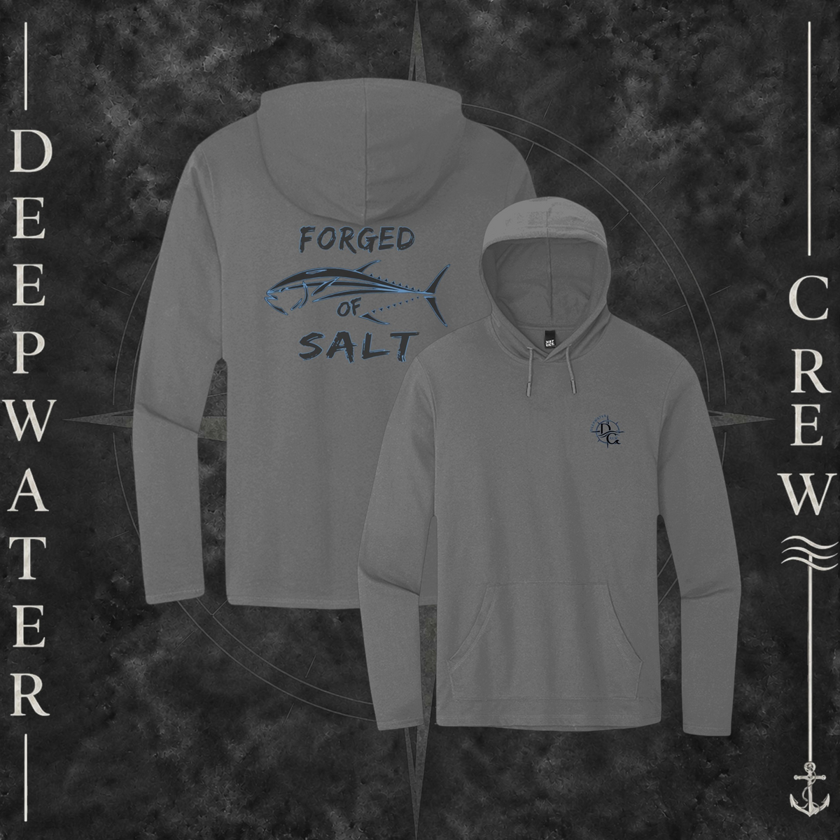 Light Heather Grey Deepwater Crew Co. Forged of Salt Deck Hoodie, product view on branded Deepwater Crew compass background.