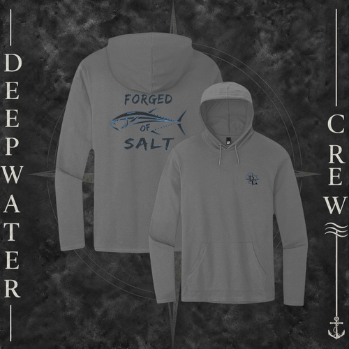 Light Heather Grey Deepwater Crew Co. Forged of Salt Deck Hoodie, product view on branded Deepwater Crew compass background.