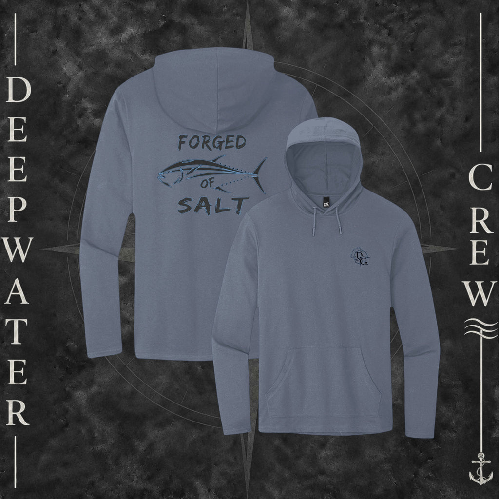 Light Heather Grey Deepwater Crew Co. Forged of Salt Deck Hoodie, product view on branded Deepwater Crew compass background.