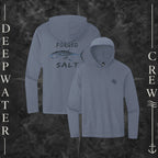 Light Heather Grey Deepwater Crew Co. Forged of Salt Deck Hoodie, product view on branded Deepwater Crew compass background.