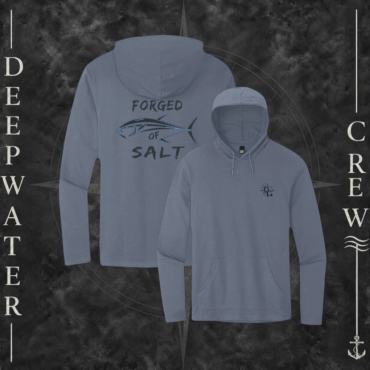 Light Heather Grey Deepwater Crew Co. Forged of Salt Deck Hoodie, product view on branded Deepwater Crew compass background.