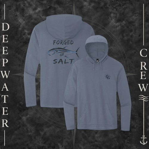 Light Heather Grey Deepwater Crew Co. Forged of Salt Deck Hoodie, product view on branded Deepwater Crew compass background.