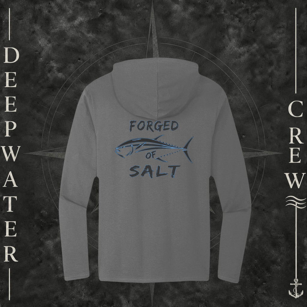 Washed Coal Deepwater Crew Co. Forged of Salt Deck Hoodie, back view with stylized tuna graphic, blue accents, and Forged of Salt lettering.