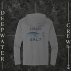 Washed Coal Deepwater Crew Co. Forged of Salt Deck Hoodie, back view with stylized tuna graphic, blue accents, and Forged of Salt lettering.