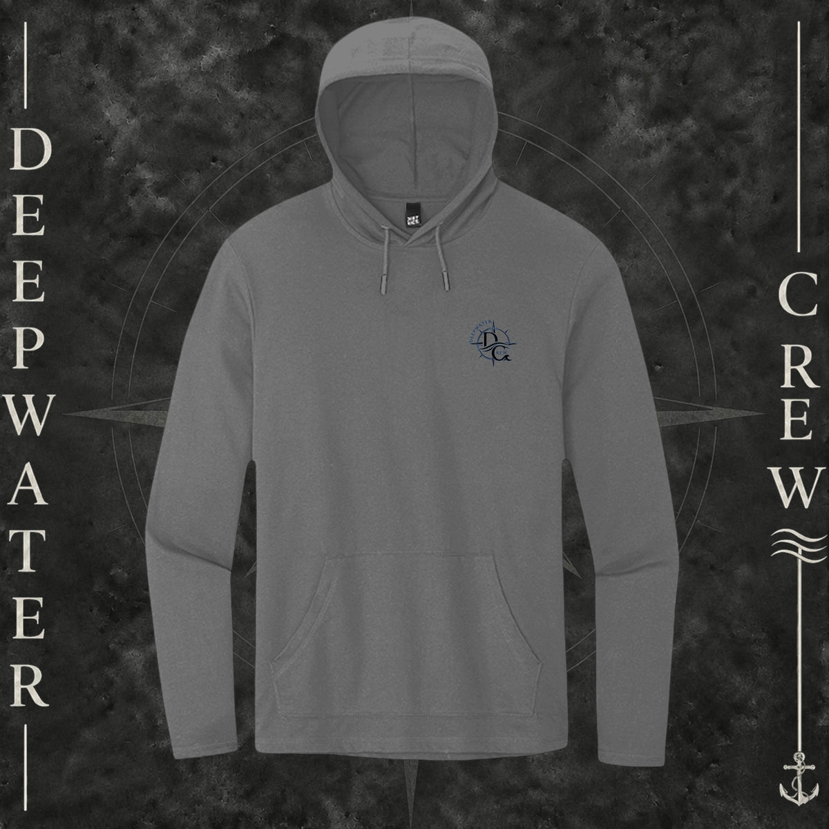 Washed Coal Deepwater Crew Co. Forged of Salt Deck Hoodie, front view with small blue-outlined DC compass-and-wave crest logo.
