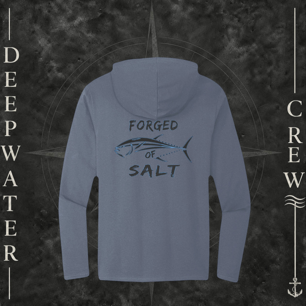 Washed Indigo Deepwater Crew Co. Forged of Salt Deck Hoodie, back view with stylized tuna graphic, blue accents, and Forged of Salt lettering.