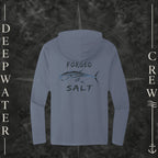 Washed Indigo Deepwater Crew Co. Forged of Salt Deck Hoodie, back view with stylized tuna graphic, blue accents, and Forged of Salt lettering.