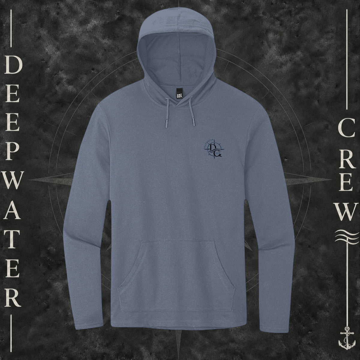 Washed Indigo Deepwater Crew Co. Forged of Salt Deck Hoodie, front view with small blue-outlined DC compass-and-wave crest logo.