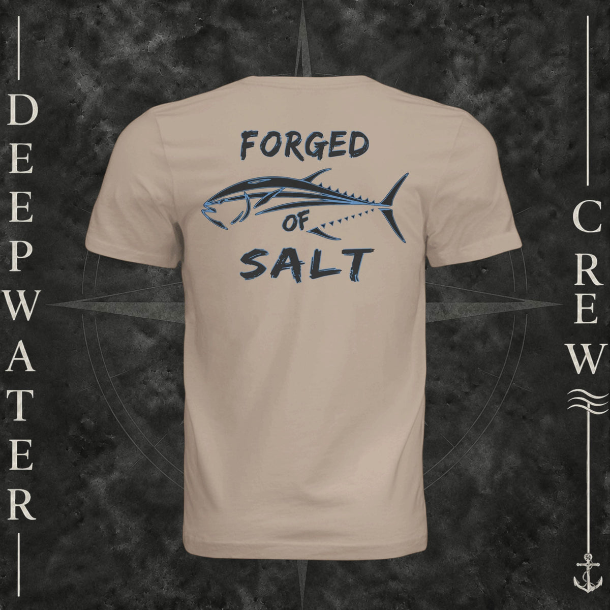 Dust Deepwater Crew Co. Forged of Salt crewneck T-shirt, back view with stylized tuna graphic, blue accents, and “Forged of Salt” lettering.
