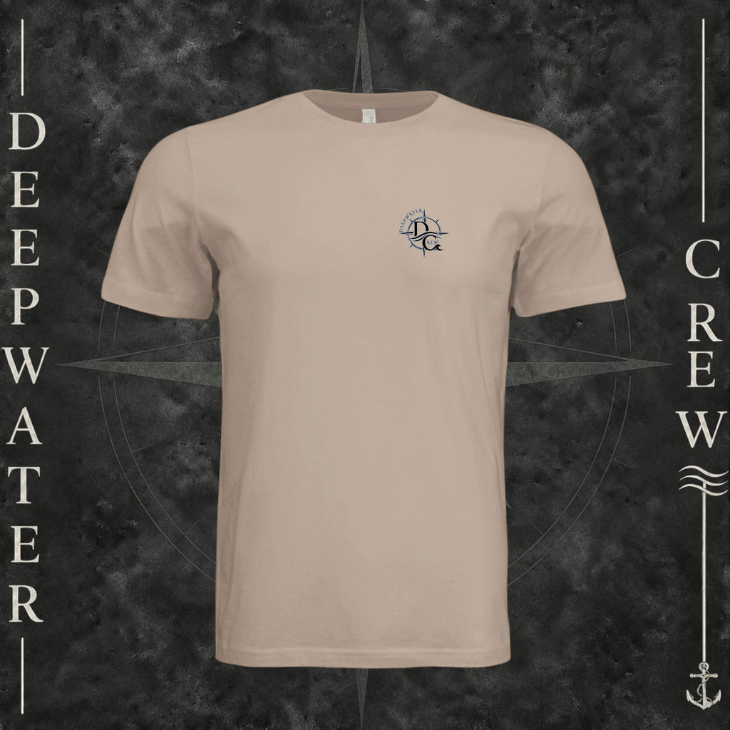 Dust Deepwater Crew Co. Forged of Salt crewneck T-shirt, front view with small blue-outlined DC compass-and-wave crest logo.
