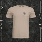Dust Deepwater Crew Co. Forged of Salt crewneck T-shirt, front view with small blue-outlined DC compass-and-wave crest logo.