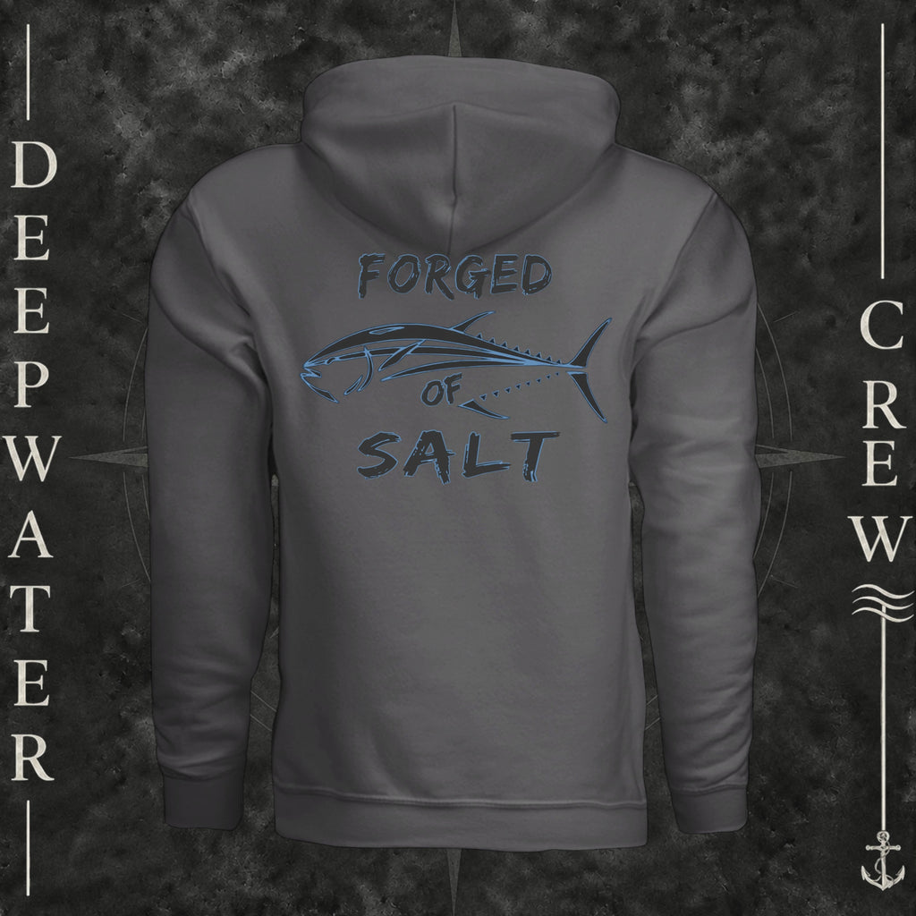 Asphalt Deepwater Crew Co. Forged of Salt Fleece Hoodie, back view with stylized tuna graphic, blue accents, and Forged of Salt lettering.