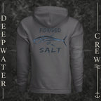 Asphalt Deepwater Crew Co. Forged of Salt Fleece Hoodie, back view with stylized tuna graphic, blue accents, and Forged of Salt lettering.