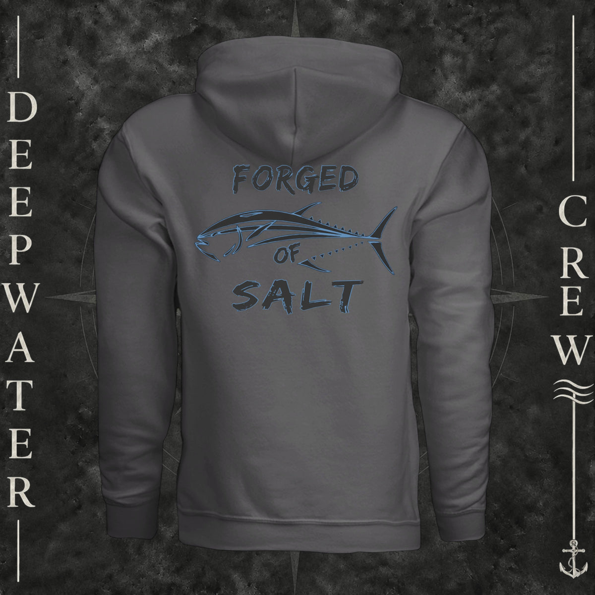 Asphalt Deepwater Crew Co. Forged of Salt Fleece Hoodie, back view with stylized tuna graphic, blue accents, and Forged of Salt lettering.