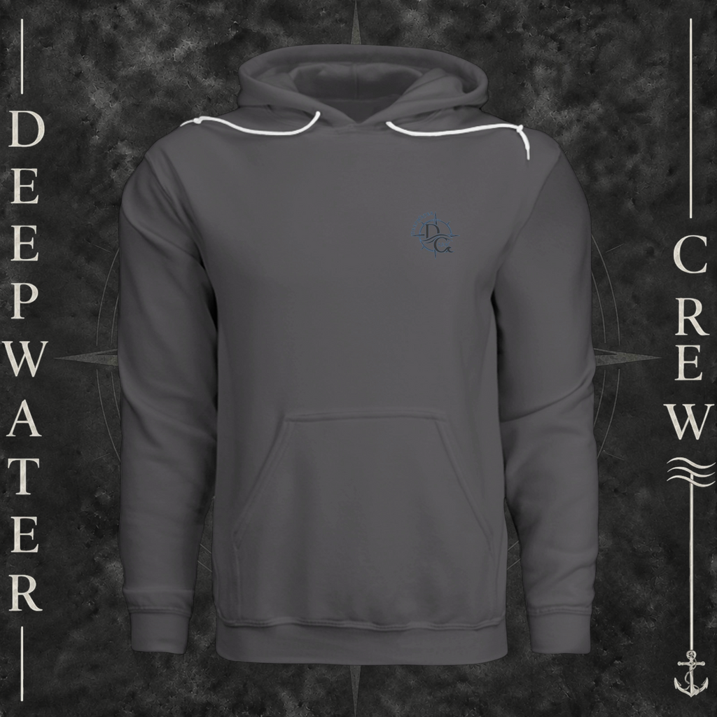Asphalt Deepwater Crew Co. Forged of Salt Fleece Hoodie, front view with small blue-outlined DC compass-and-wave crest logo.