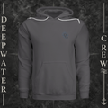 Asphalt Deepwater Crew Co. Forged of Salt Fleece Hoodie, front view with small blue-outlined DC compass-and-wave crest logo.