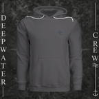 Asphalt Deepwater Crew Co. Forged of Salt Fleece Hoodie, front view with small blue-outlined DC compass-and-wave crest logo.
