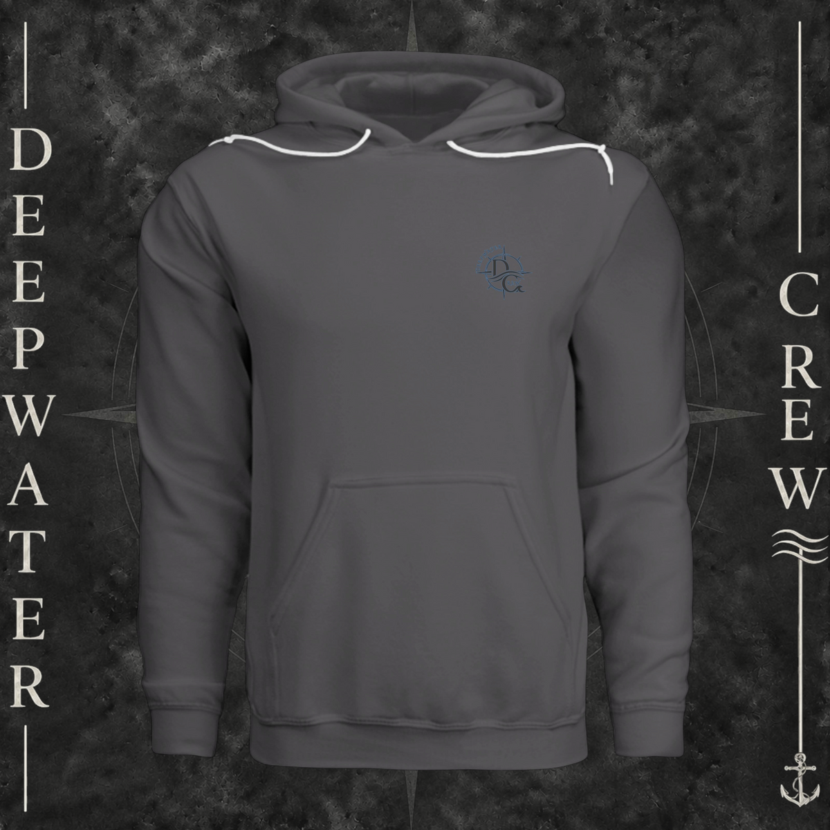 Asphalt Deepwater Crew Co. Forged of Salt Fleece Hoodie, front view with small blue-outlined DC compass-and-wave crest logo.