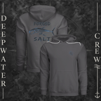 Asphalt Deepwater Crew Co. Forged of Salt Fleece Hoodie, product view on branded Deepwater Crew compass background.