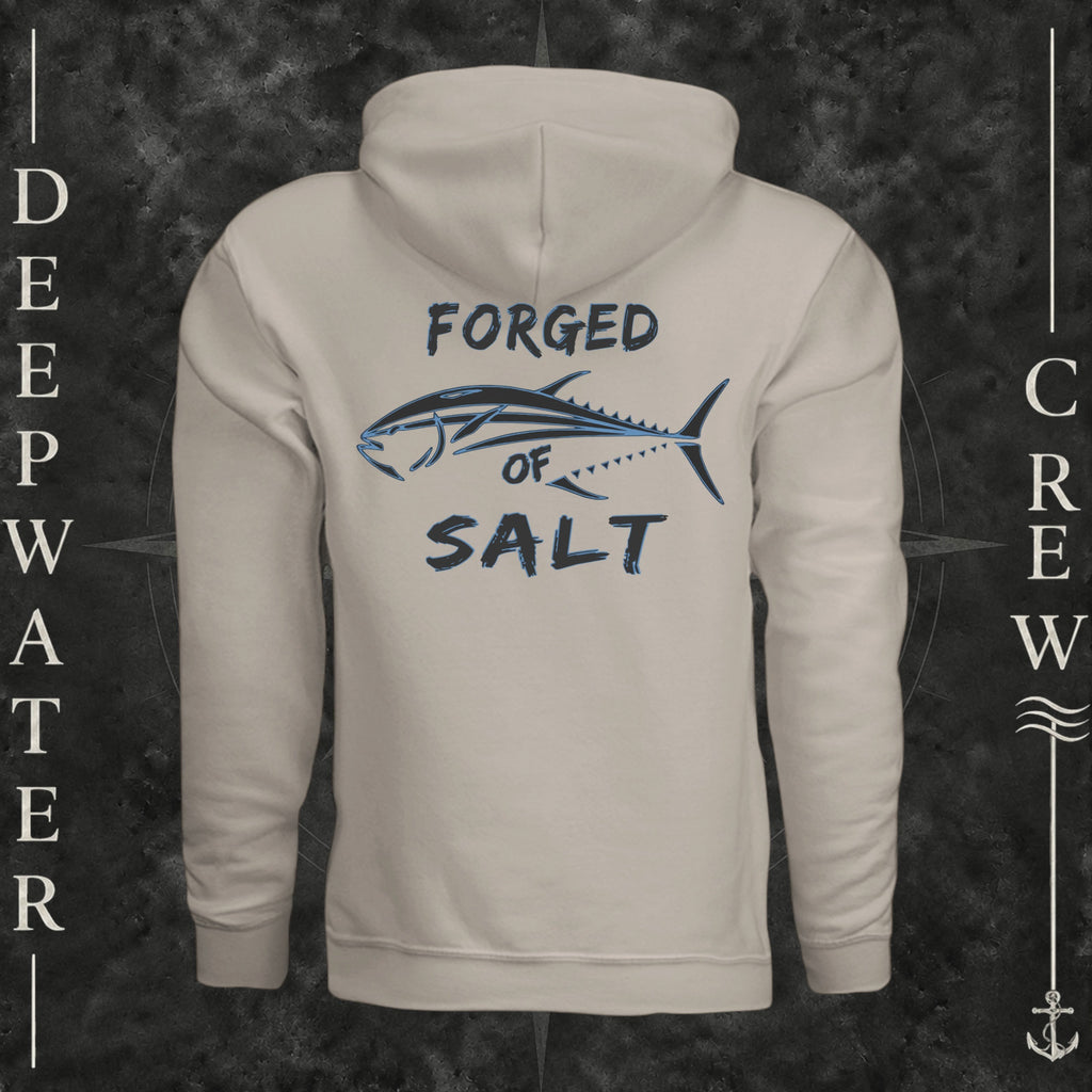 Heather Dust Deepwater Crew Co. Forged of Salt Fleece Hoodie, back view with stylized tuna graphic, blue accents, and Forged of Salt lettering.