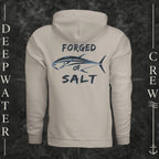 Heather Dust Deepwater Crew Co. Forged of Salt Fleece Hoodie, back view with stylized tuna graphic, blue accents, and Forged of Salt lettering.