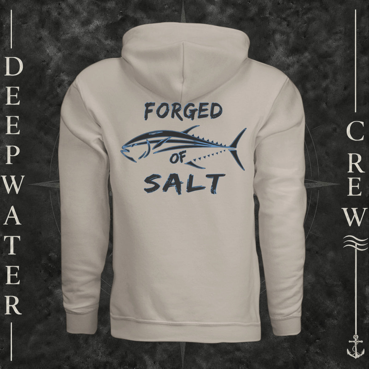 Heather Dust Deepwater Crew Co. Forged of Salt Fleece Hoodie, back view with stylized tuna graphic, blue accents, and Forged of Salt lettering.