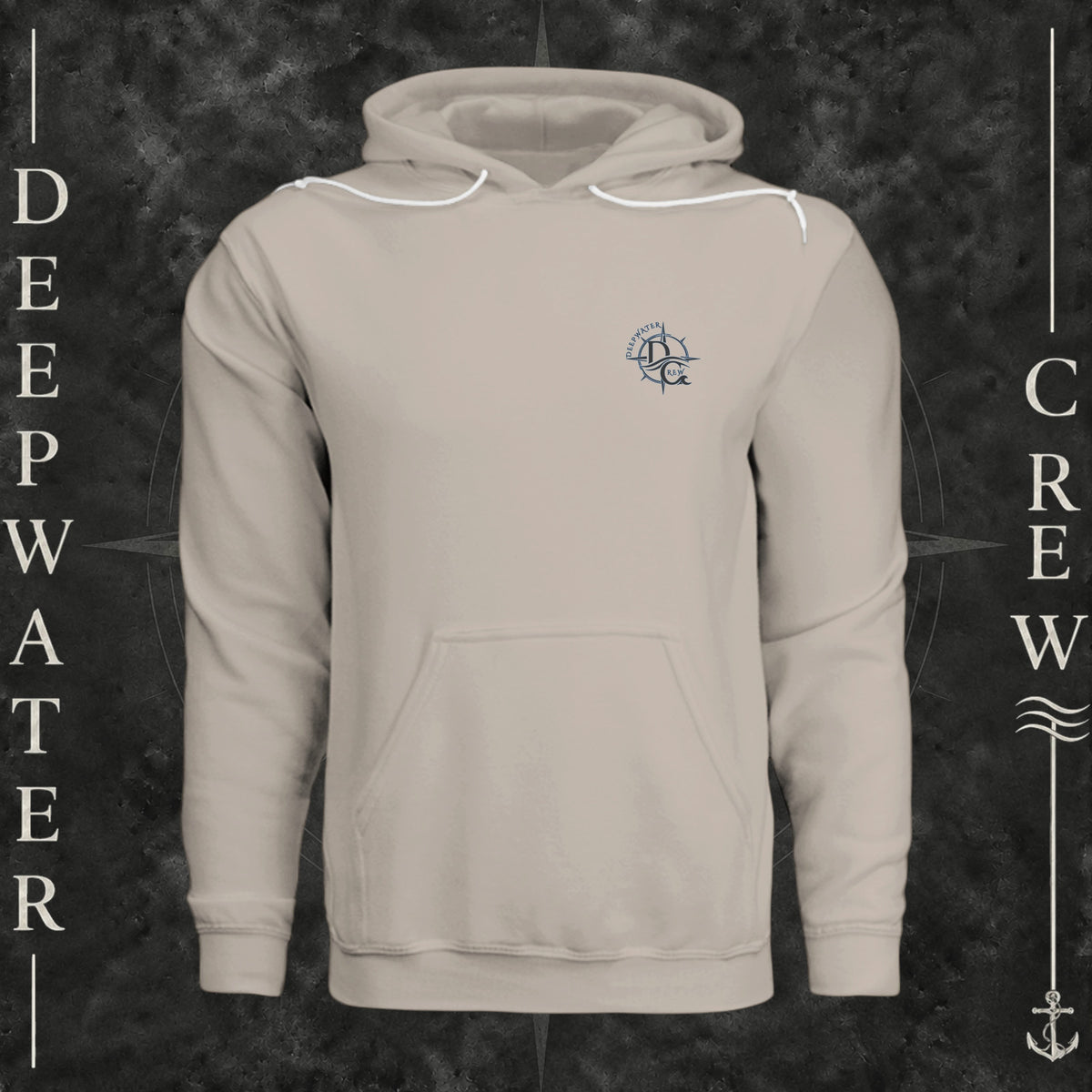 Heather Dust Deepwater Crew Co. Forged of Salt Fleece Hoodie, front view with small blue-outlined DC compass-and-wave crest logo.