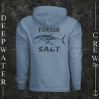 Steel Blue Deepwater Crew Co. Forged of Salt Fleece Hoodie, back view with stylized tuna graphic, blue accents, and Forged of Salt lettering.
