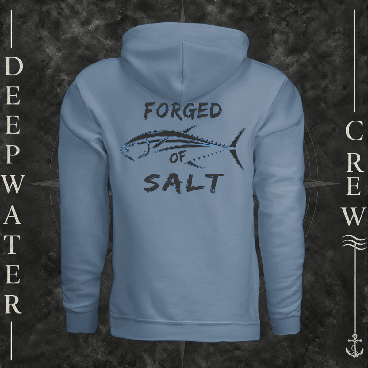 Steel Blue Deepwater Crew Co. Forged of Salt Fleece Hoodie, back view with stylized tuna graphic, blue accents, and Forged of Salt lettering.
