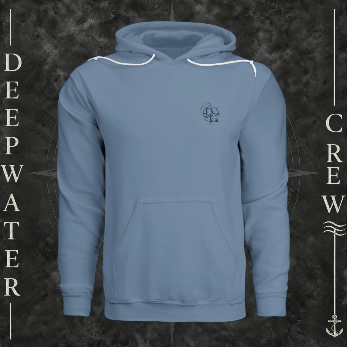 Steel Blue Deepwater Crew Co. Forged of Salt Fleece Hoodie, front view with small blue-outlined DC compass-and-wave crest logo.