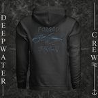 Vintage Black Deepwater Crew Co. Forged of Salt Fleece Hoodie, back view with stylized tuna graphic, blue accents, and Forged of Salt lettering.